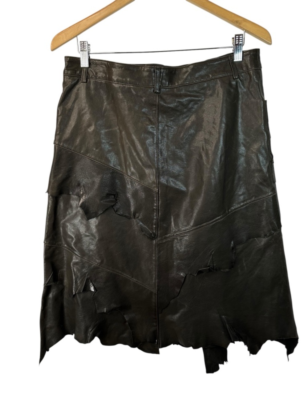 Danier Leather Skirt 10 Brown Patchwork Jagged Hem A Line Edgy Statement - Picture 7 of 14